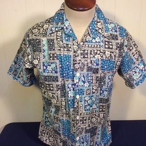 Vintage 70s Jantzen blue floral Hawaiian Polynesia shirt men’s medium